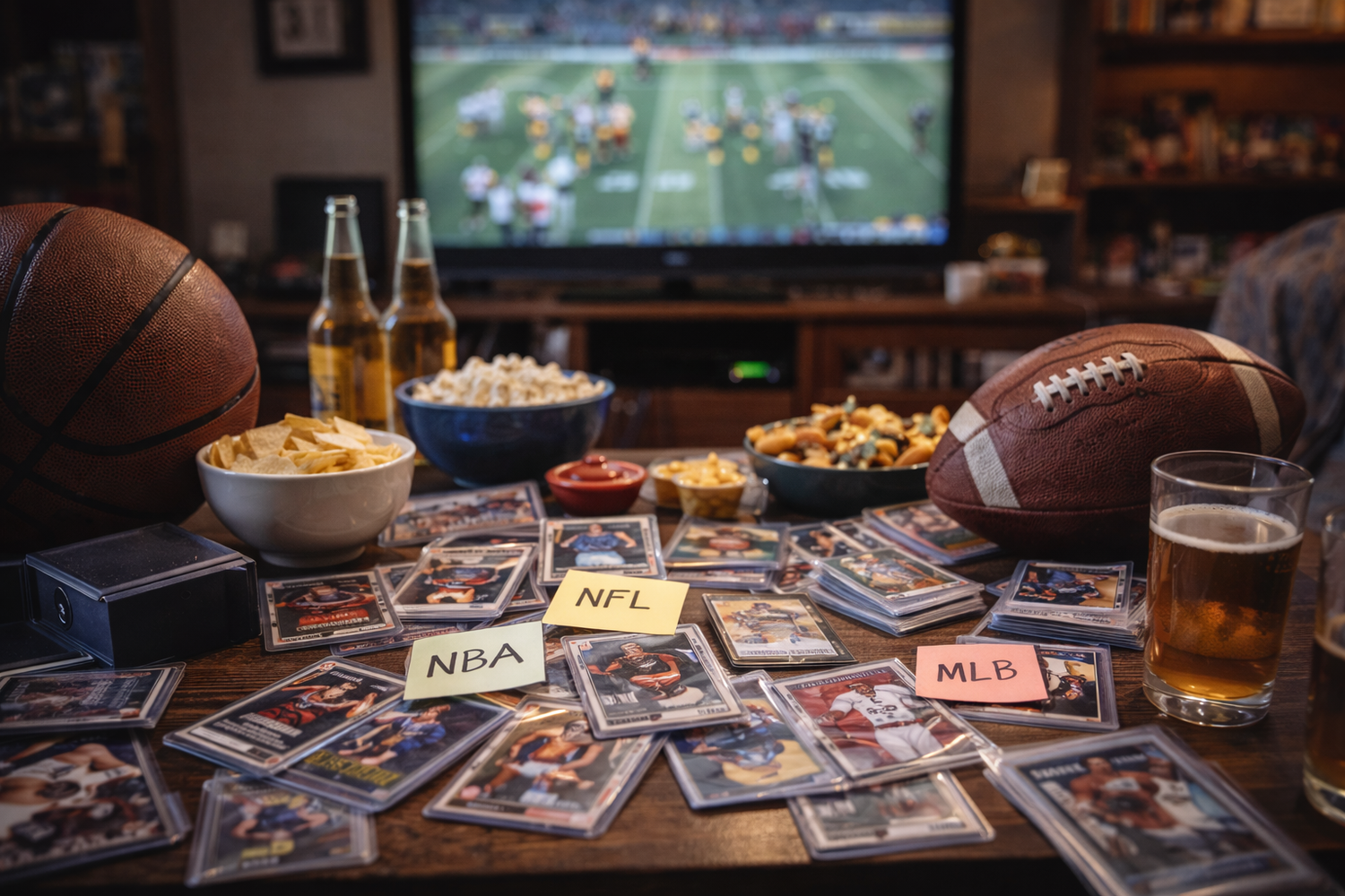 sports trading card collectors showcasing football, basketball, and baseball cards in a Discord buy trade sell community